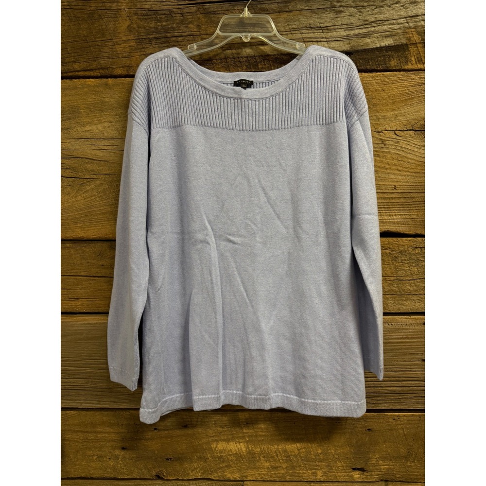 Talbots Womens Light Blue Ribbed Yoke Cotton Blend Long Sleeve Sweater Size L